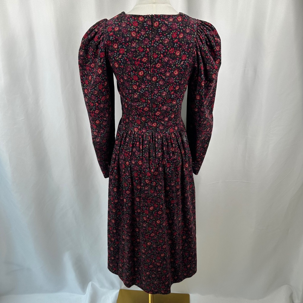 Vintage Laura Ashley Dress Women 6 Black Red Floral Corduroy Puff Sleeve Prairie - Picture 3 of 8
